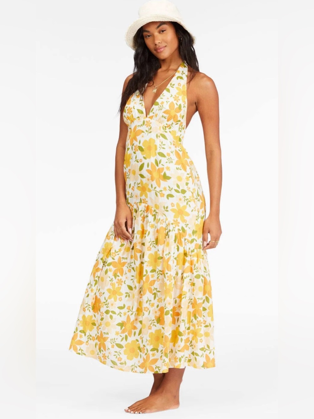Billabong Feelin’ Retro Floral Halter Dress - Orange, Yellow and Cream